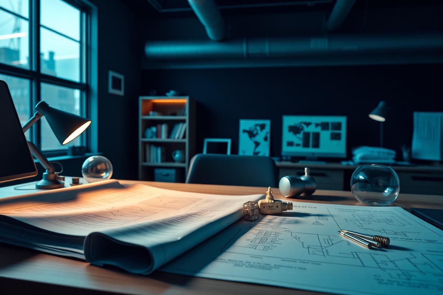 Estudio creativo con planos y prototipos de marca